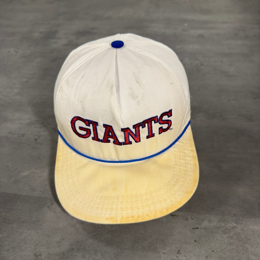 Vintage AJD New York Giants Snapback Hat White Rope Cap Made in USA Distressed